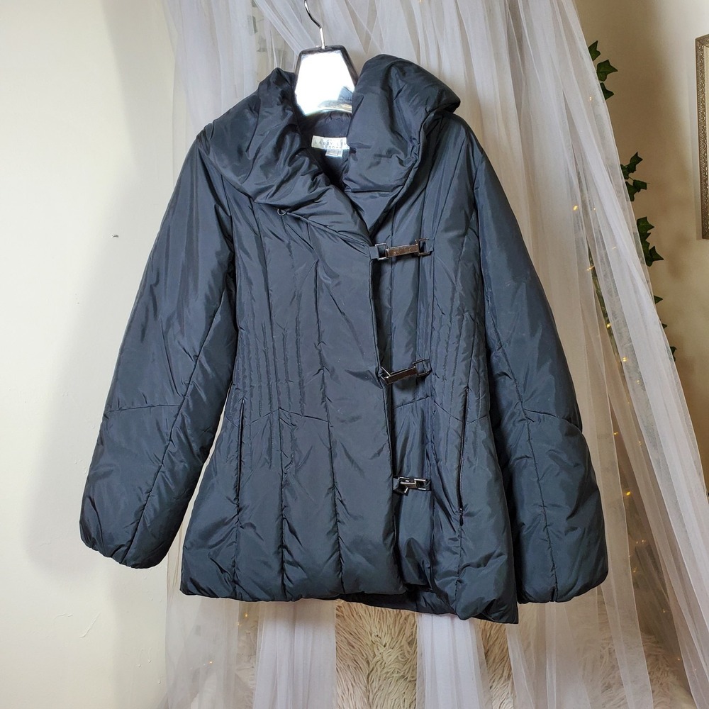 Larry Levine Down Puffer Quilted‎ Black Scandi Girl Jacket Shawl Collar Womens S